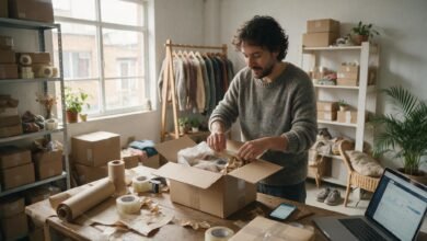 Emprendedora empacando pedidos de venta online en su taller