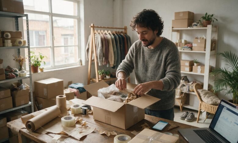 Emprendedora empacando pedidos de venta online en su taller