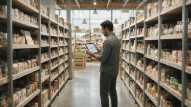 Empleada de tienda usando tableta con analítica de inventario