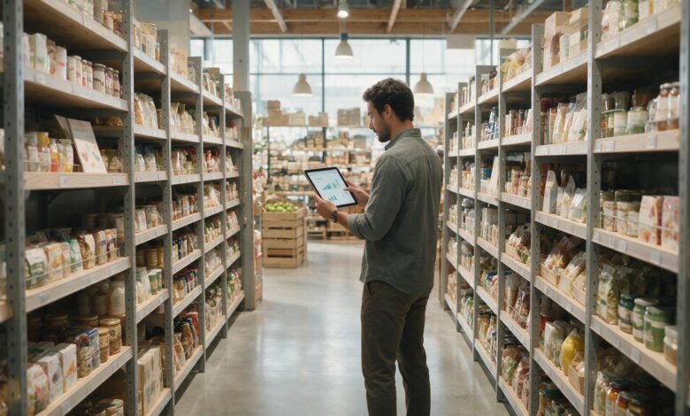 Empleada de tienda usando tableta con analítica de inventario