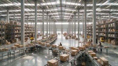 Bodega logística de comercio electrónico con paquetes en bandas transportadoras