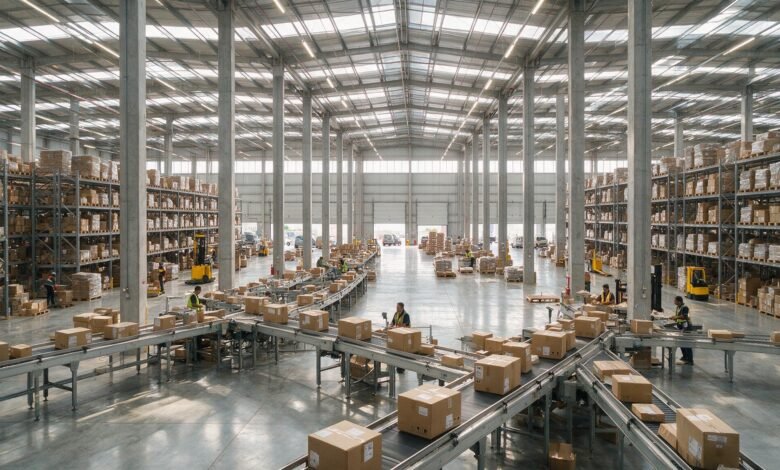 Bodega logística de comercio electrónico con paquetes en bandas transportadoras