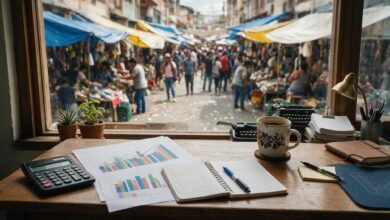 Escritorio de análisis con gráficas impresas y mercado callejero al fondo