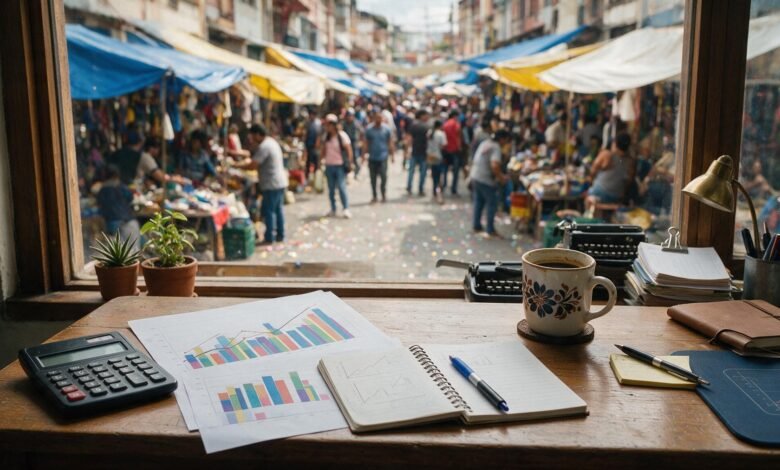 Escritorio de análisis con gráficas impresas y mercado callejero al fondo