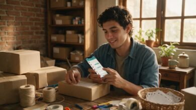 Emprendedor atendiendo chats de clientes mientras prepara paquetes