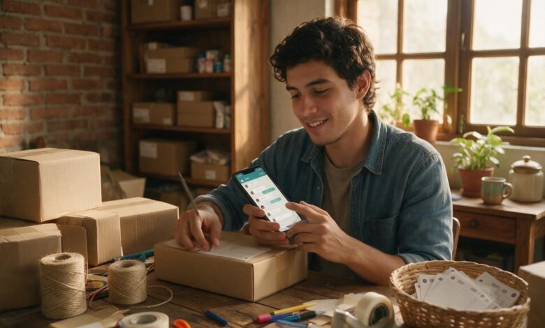Emprendedor atendiendo chats de clientes mientras prepara paquetes