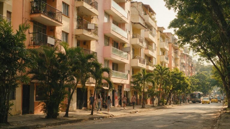 Edificios residenciales con avisos de arriendo en una calle de Cali