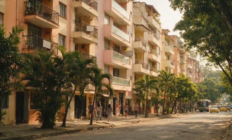 Edificios residenciales con avisos de arriendo en una calle de Cali